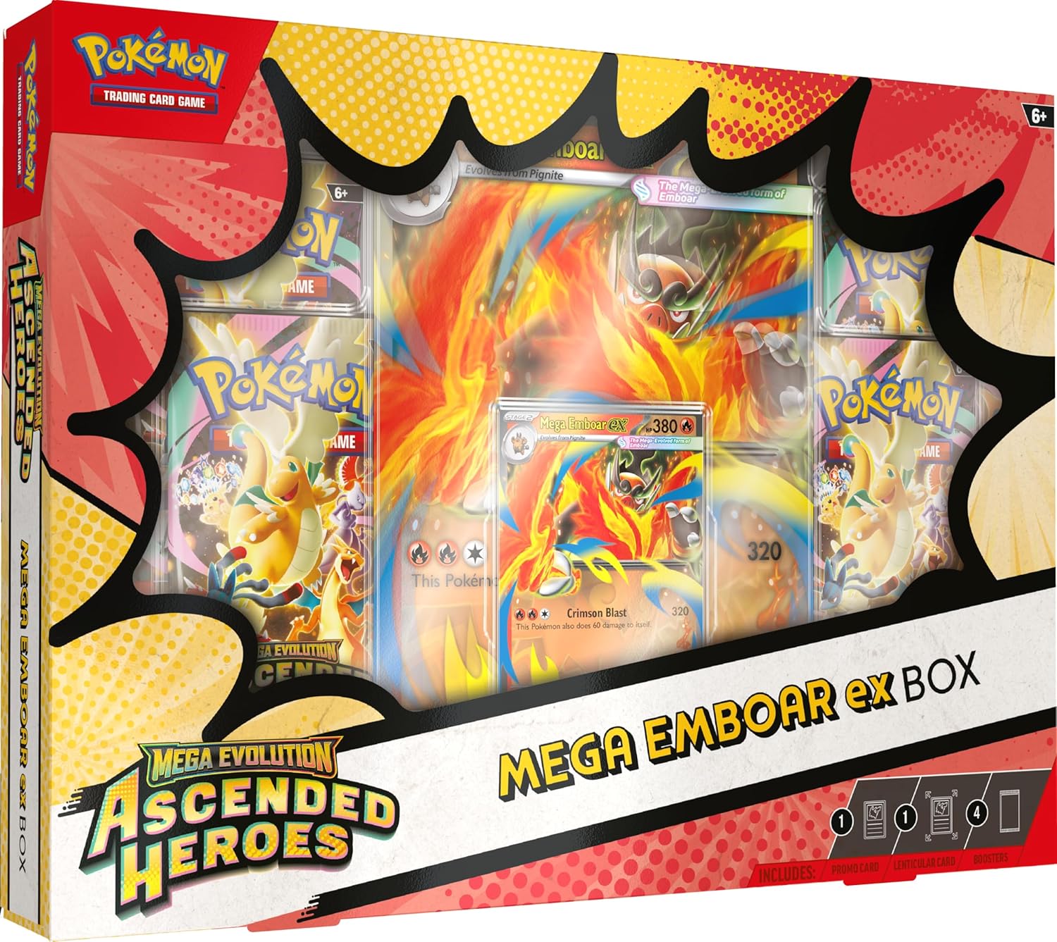 Pokémon TCG: Mega Evolution—Ascended Heroes Mega Emboar ex Box (1 Foil Promo Card, 1 Oversize Lenticular Card & 4 Booster Packs)